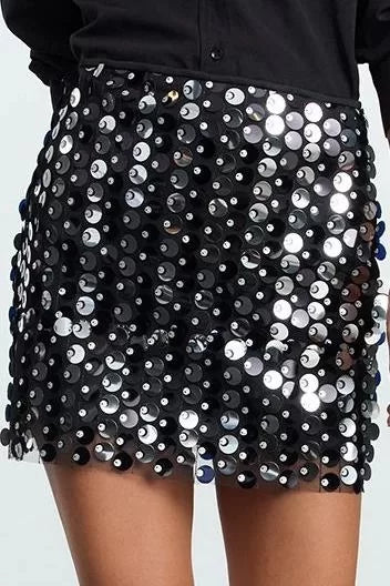 Modern Style Lined Knitted Mini Length Large Sequined Knitted Mini Skirt