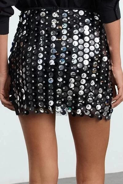 Modern Style Lined Knitted Mini Length Large Sequined Knitted Mini Skirt