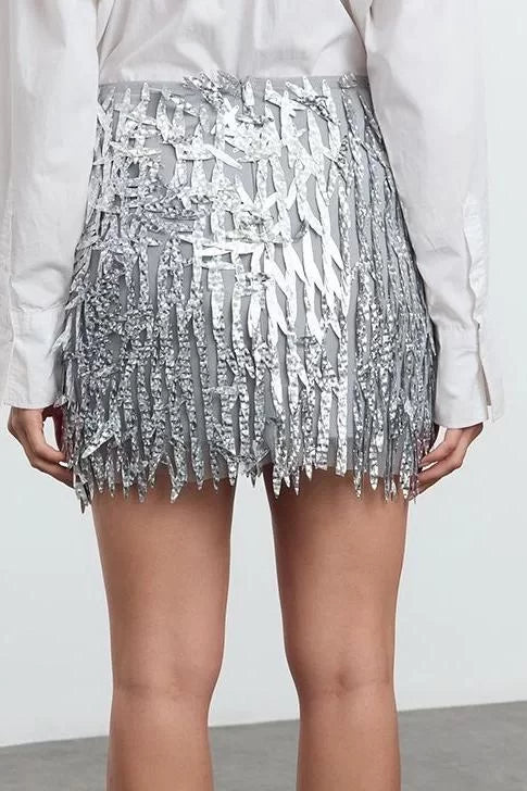 Modern Style Lined Knitted Mini Length Gray Lined Large Sequined Knitted Skirt