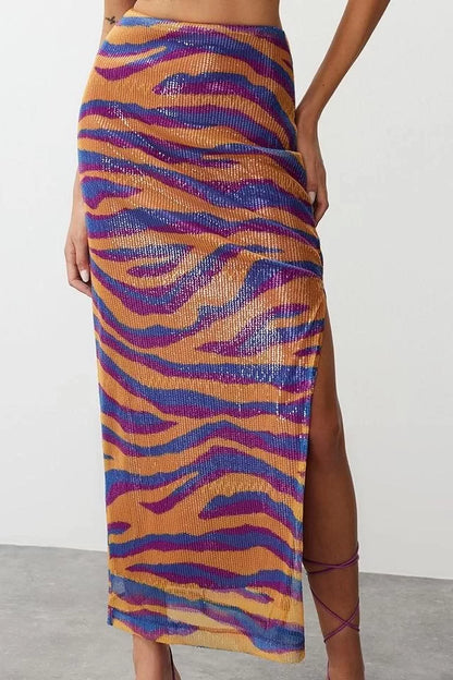 Modern Style Lined Knitted Maxi Patterned Body-Smoothing Lined Glittery Sequined Knitted Sequin Skirt