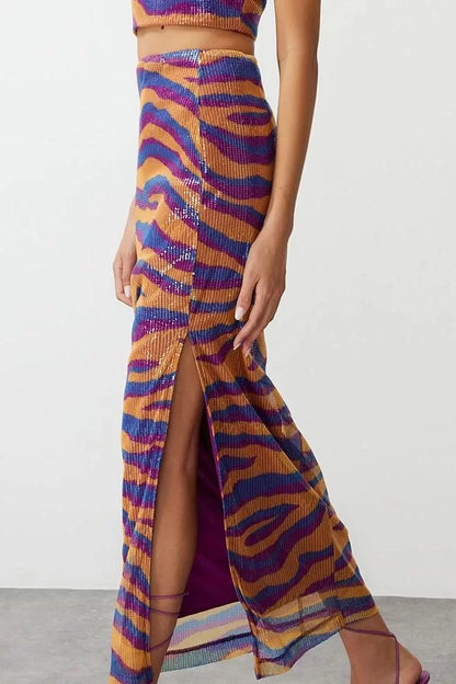 Modern Style Lined Knitted Maxi Patterned Body-Smoothing Lined Glittery Sequined Knitted Sequin Skirt