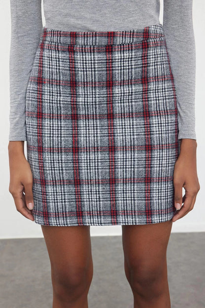 Modern Style Unlined Woven Mini Length Plaid Patterned Pencil Fit Cashmere Fabric Mini Length Woven Skirt