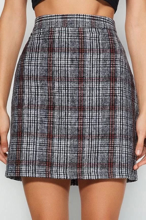 Modern Style Unlined Woven Mini Length Plaid Patterned Pencil Fit Cashmere Fabric Mini Length Woven Skirt