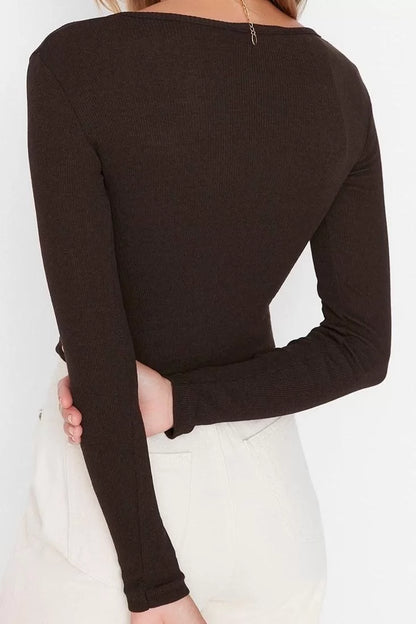 Fashion Square Collar Knitted Slim Fit Plain Pattern Casual Daily Crop Long Sleeve Blouse