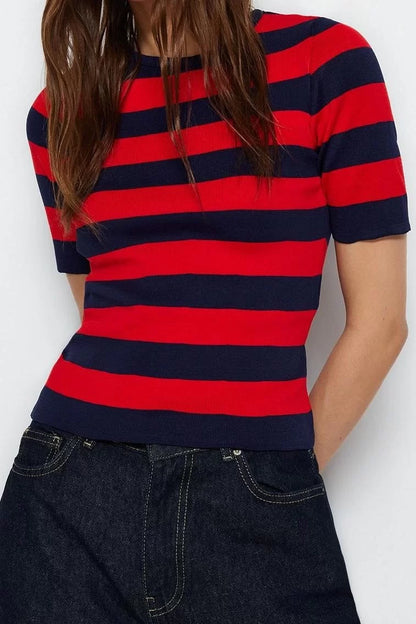 Fashion Square Neck Knitwear Slim Striped Pattern Casual Daily Regular Short Sleeve Blouse