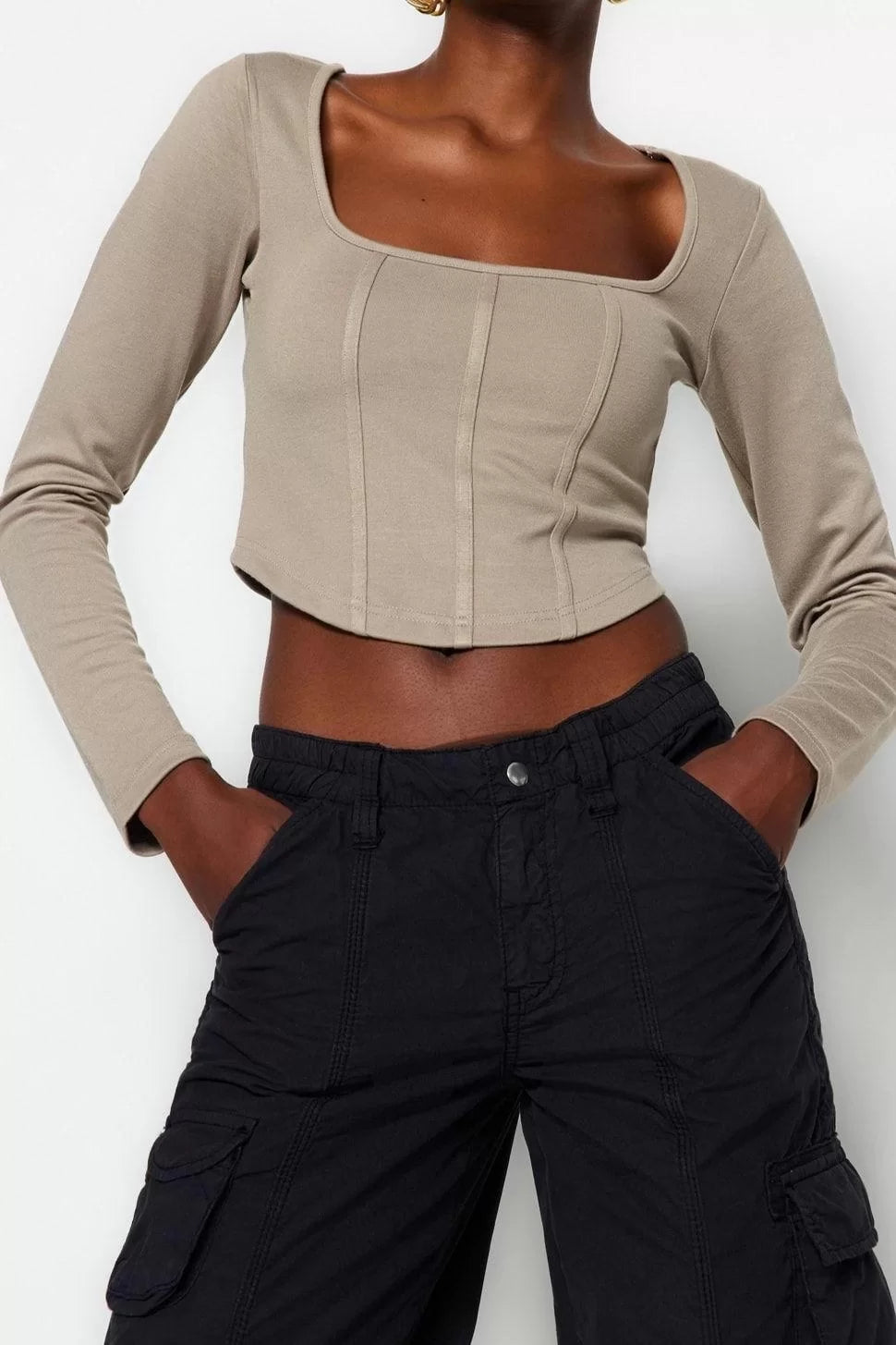 Fashion Square Collar Knitted Slim Plain Pattern Casual Daily Crop Long Sleeve Blouse