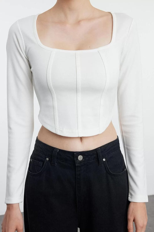 Fashion Square Collar Knitted Slim Plain Pattern Casual Daily Crop Long Sleeve Blouse