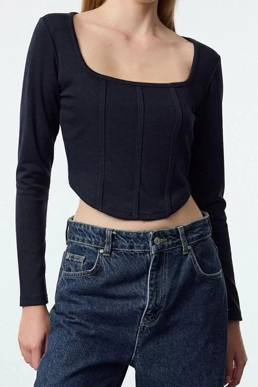 Fashion Square Collar Knitted Slim Plain Pattern Casual Daily Crop Long Sleeve Blouse