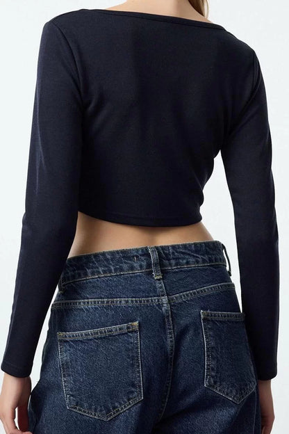 Fashion Square Collar Knitted Slim Plain Pattern Casual Daily Crop Long Sleeve Blouse