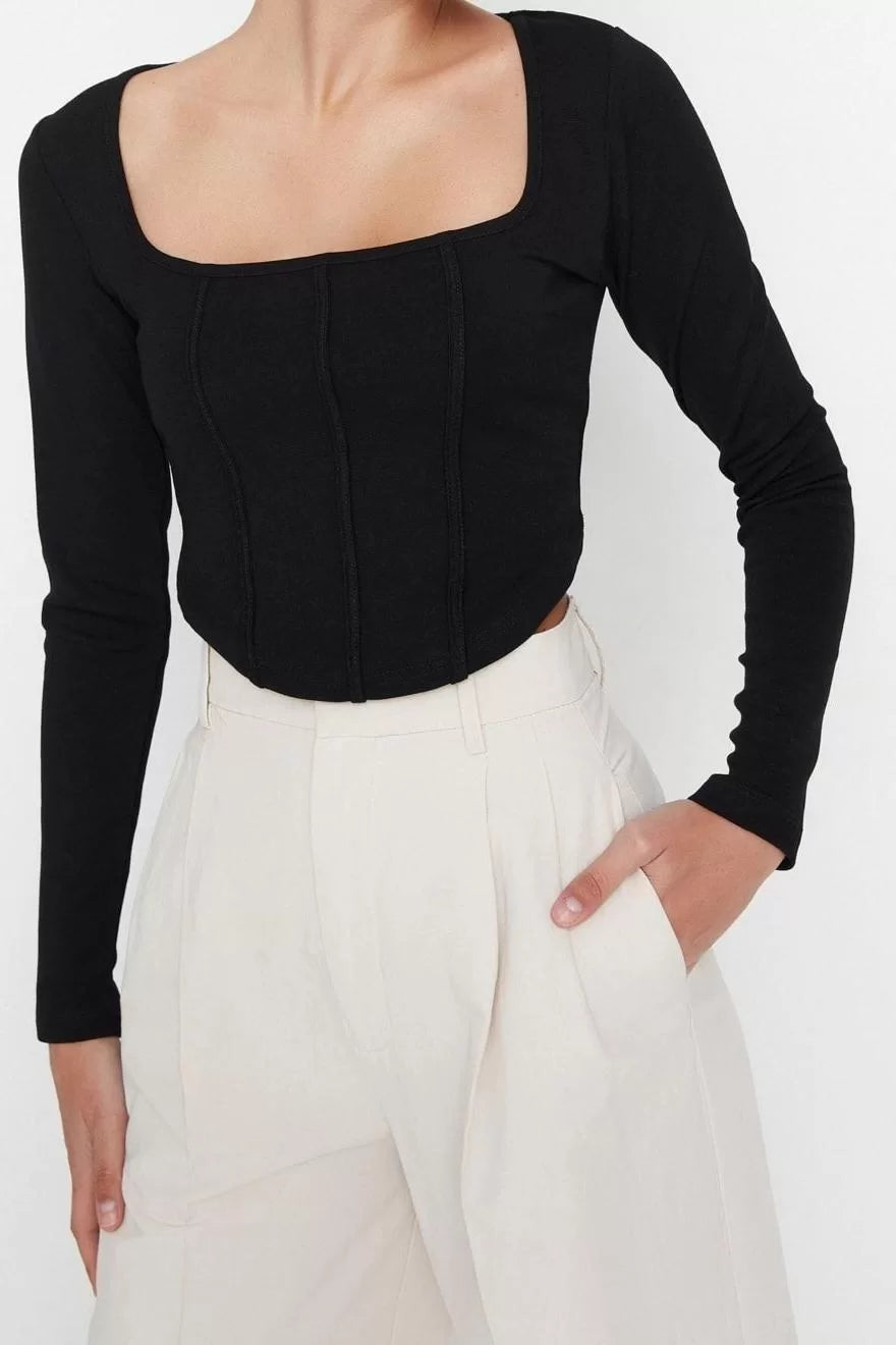 Fashion Square Collar Knitted Slim Plain Pattern Casual Daily Crop Long Sleeve Blouse