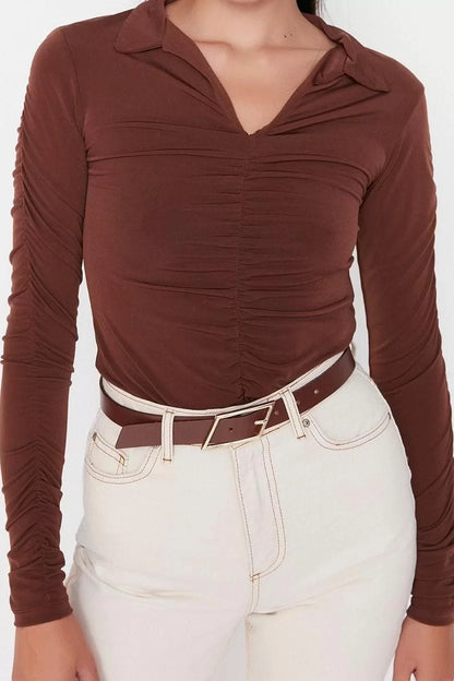 Fashion Polo Collar Knitted Slim Plain Pattern Casual Daily Regular Long Sleeve Blouse