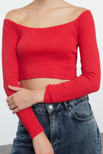 Fashion Carmen Collar Knitted Slim Plain Pattern Casual Daily Super Crop Long Sleeve Blouse