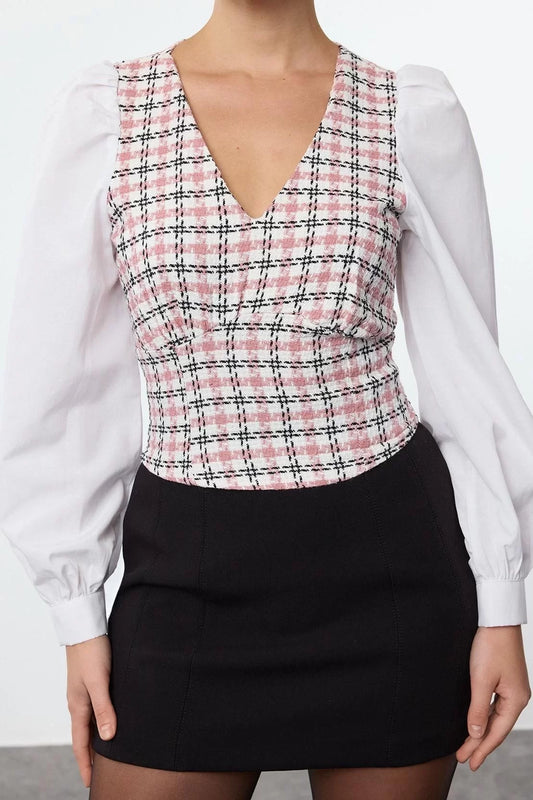 Fashion V Neck Woven Regular Plaid/Check Pattern Formal Crop Long Sleeve Blouse