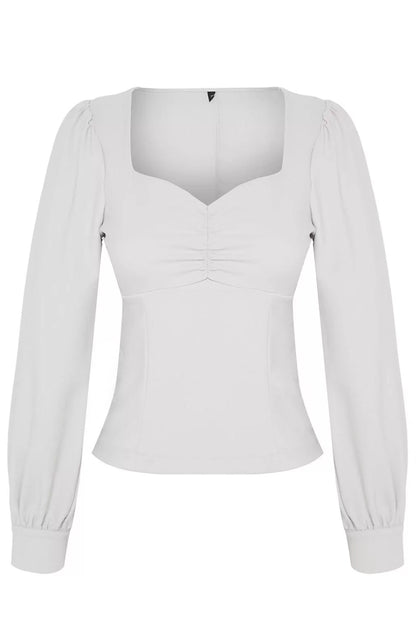 Fashion Heart Neck Woven Regular Plain Pattern Chic Night Regular Long Sleeve Blouse