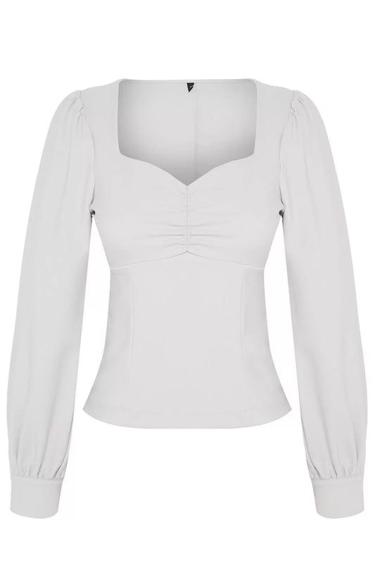 Fashion Heart Neck Woven Regular Plain Pattern Chic Night Regular Long Sleeve Blouse