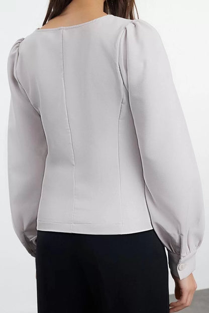 Fashion Heart Neck Woven Regular Plain Pattern Chic Night Regular Long Sleeve Blouse