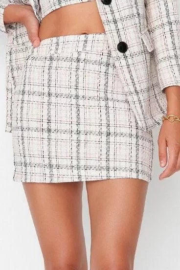 Modern Style Unlined Woven Mini Length Plaid Patterned Tweed Fabric Mini Woven Skirt