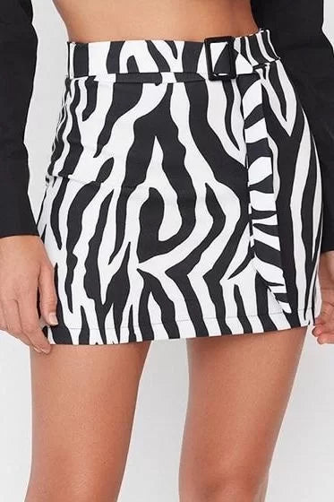 Modern Style Unlined Woven Mini Length Animal Patterned Belted Mini Woven Skirt