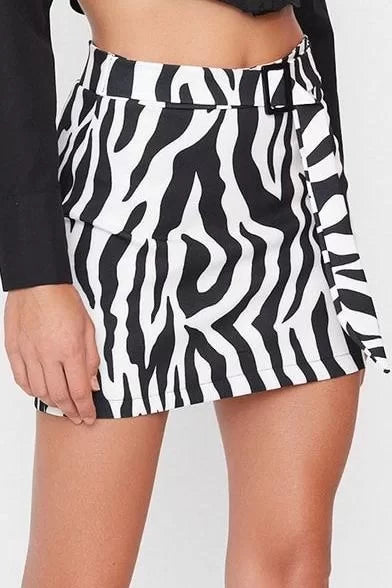 Modern Style Unlined Woven Mini Length Animal Patterned Belted Mini Woven Skirt