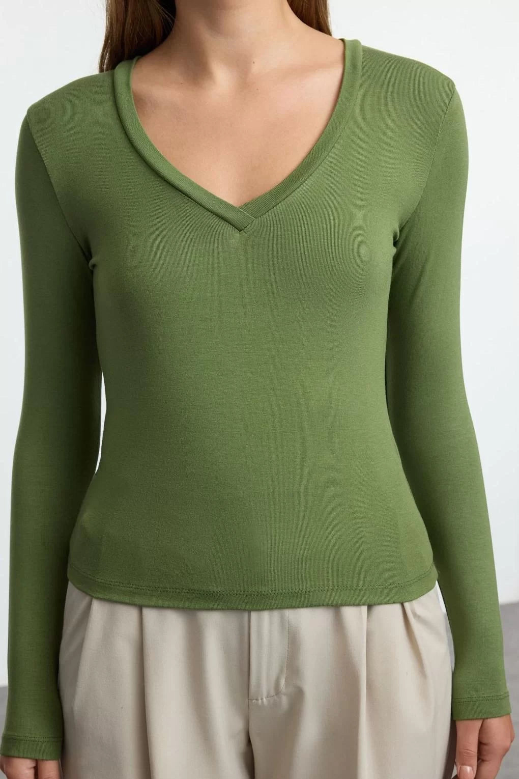 Fashion V Neck Knitted Slim Plain Pattern Casual Daily Regular Long Sleeve Blouse