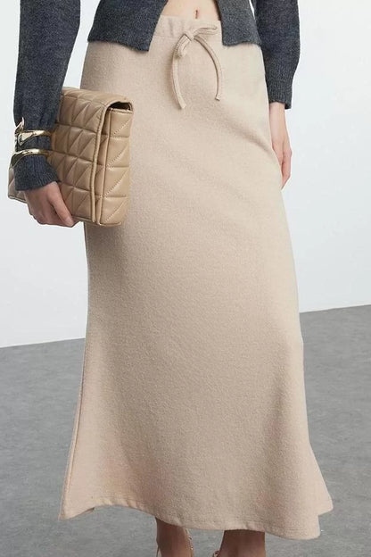 Modern Style Unlined Knitted Midi Length Selanik Fabric Fish Shape Lace Detailed Maxi Knitted Skirt