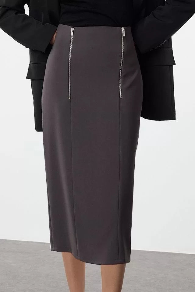 Modern Style Unlined Woven Midi Length Front Zipper Detailed Midi Length Skirt