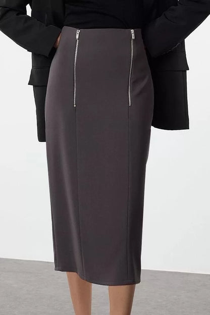 Modern Style Unlined Woven Midi Length Front Zipper Detailed Midi Length Skirt