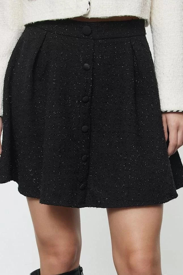 Modern Style Unlined Woven Mini Length Pocket Detailed Front Buttoned Flared Tweed Fabric Woven Skirt