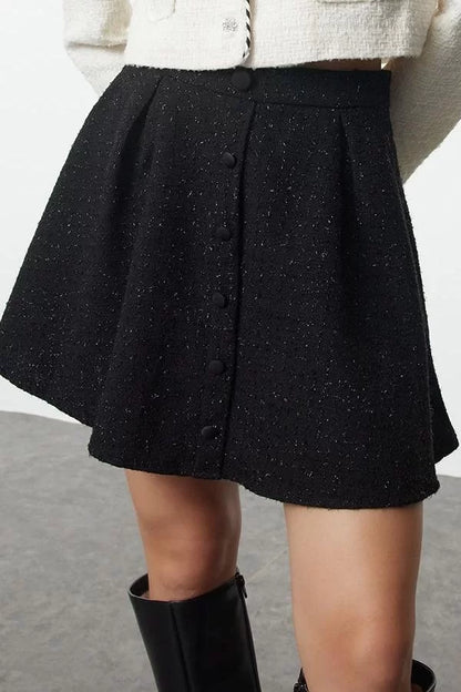 Modern Style Unlined Woven Mini Length Pocket Detailed Front Buttoned Flared Tweed Fabric Woven Skirt