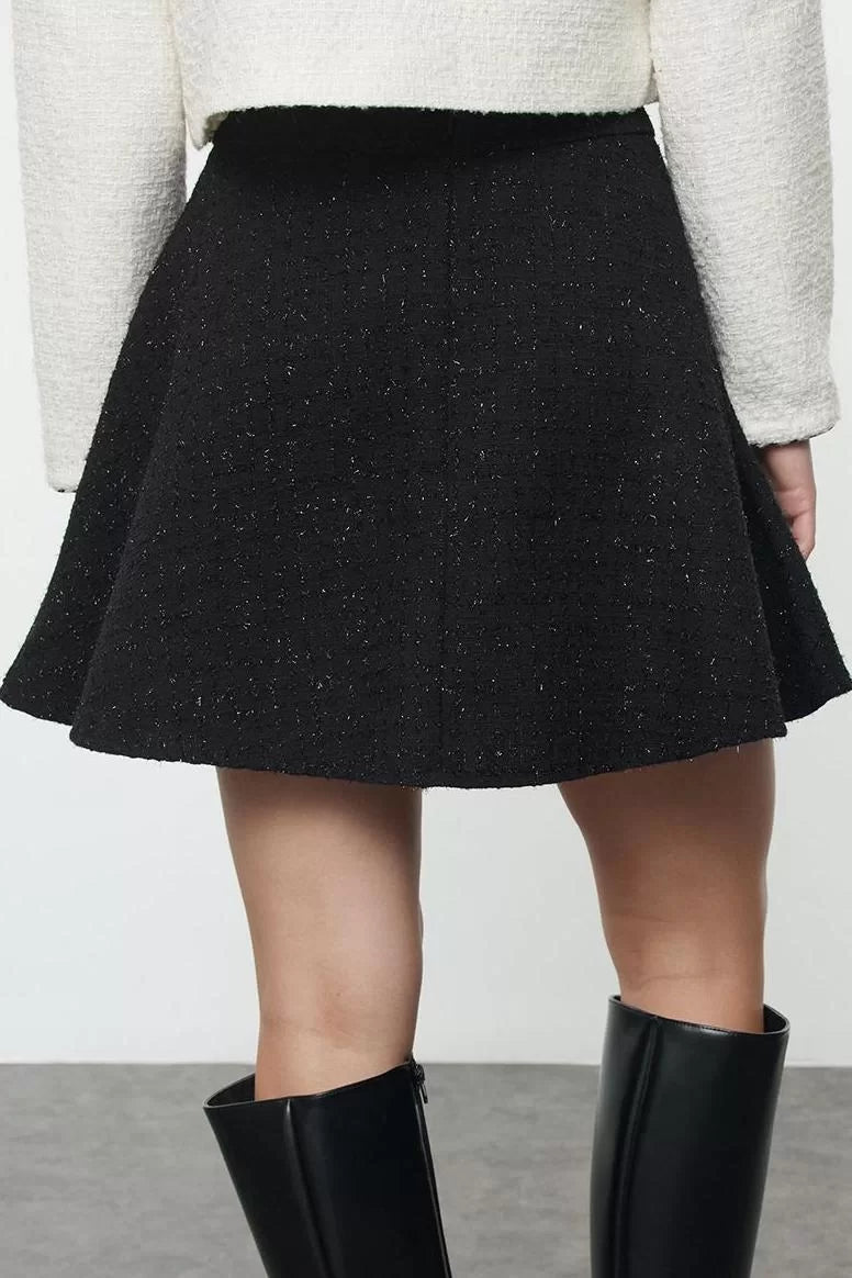 Modern Style Unlined Woven Mini Length Pocket Detailed Front Buttoned Flared Tweed Fabric Woven Skirt