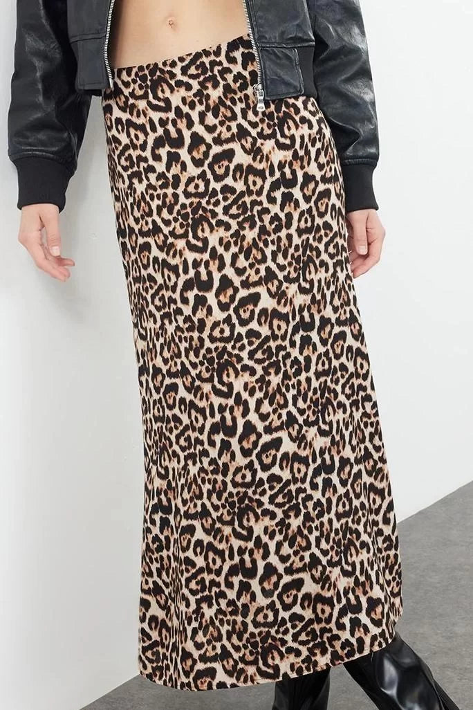 Modern Style Unlined Woven Maxi Length Leopard Animal Patterned Maxi Length Woven Skirt