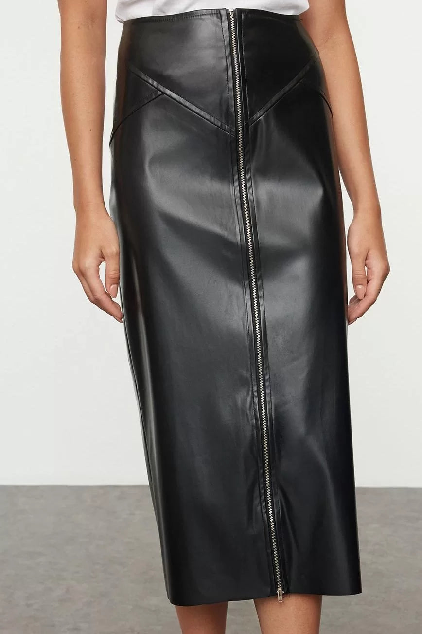 Modern Style Unlined Woven Midi Length Zipper Detailed Midi Faux Leather Skirt