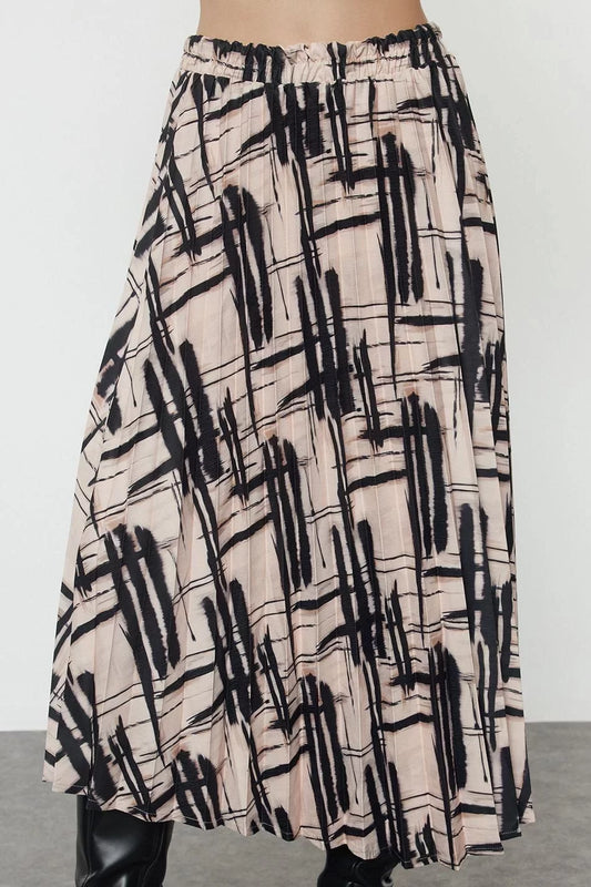 Modern Style Unlined Woven Maxi Length Patterned Pleated Satin Fabric Midi Length Woven Skirt