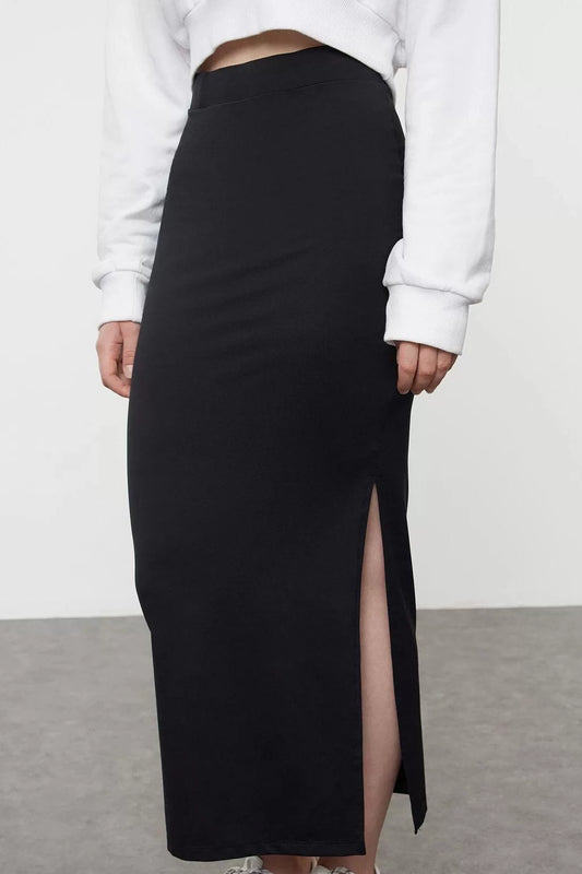 Modern Style Unlined Knitted Maxi Length Polyamide Plain Slit Pencil Fitted Midi Skirt