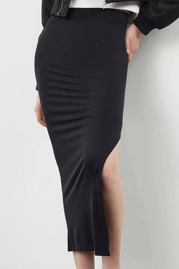 Modern Style Unlined Knitted Maxi Length Polyamide Plain Slit Pencil Fitted Midi Skirt