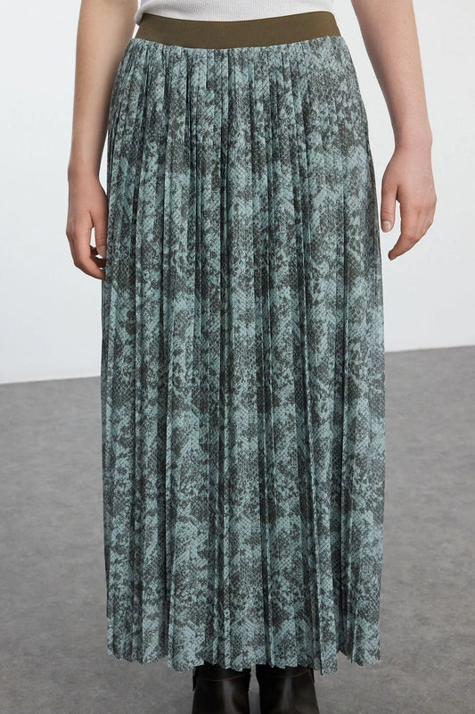 Modern Style Lined Knitted Midi Length Elastic Waist Pleated A Line A Cut Abstract Patterned Midi Skirt