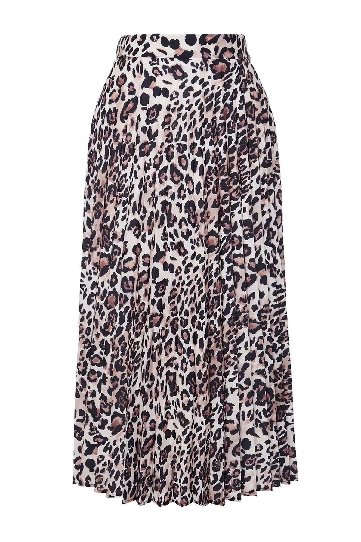 Modern Style Unlined Woven Maxi Length Leopard Pleated Maxi Length Woven Skirt