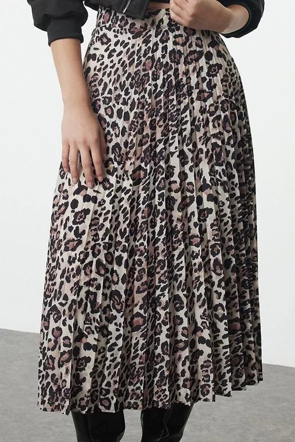 Modern Style Unlined Woven Maxi Length Leopard Pleated Maxi Length Woven Skirt