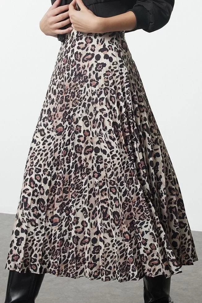 Modern Style Unlined Woven Maxi Length Leopard Pleated Maxi Length Woven Skirt