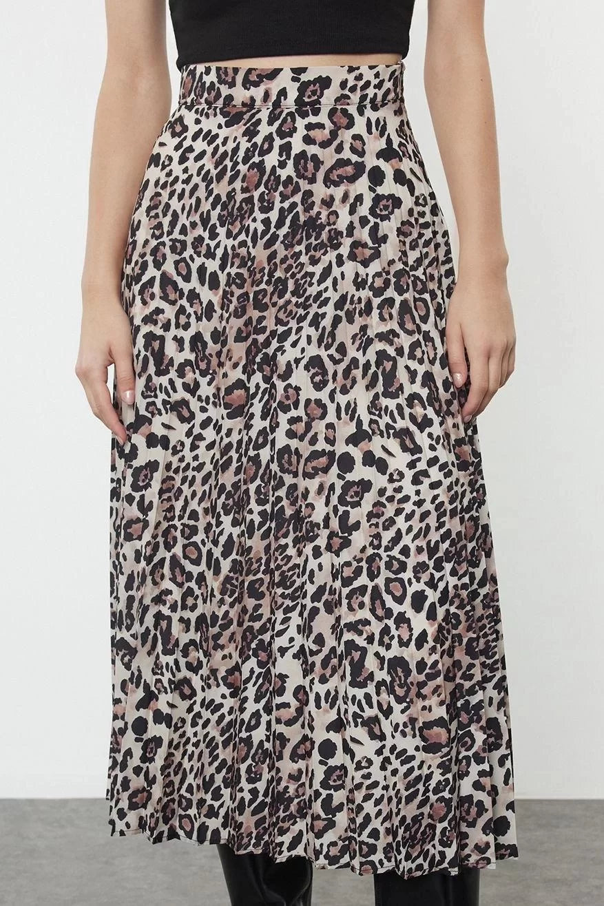 Modern Style Unlined Woven Maxi Length Leopard Pleated Maxi Length Woven Skirt