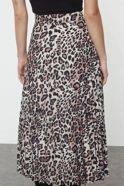 Modern Style Unlined Woven Maxi Length Leopard Pleated Maxi Length Woven Skirt