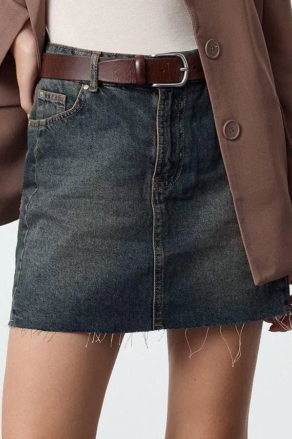 Modern Style Unlined Denim Mini Length Faded Effect Vintage High Waist Mini Denim Skirt