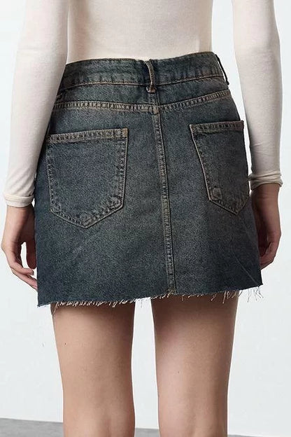 Modern Style Unlined Denim Mini Length Faded Effect Vintage High Waist Mini Denim Skirt