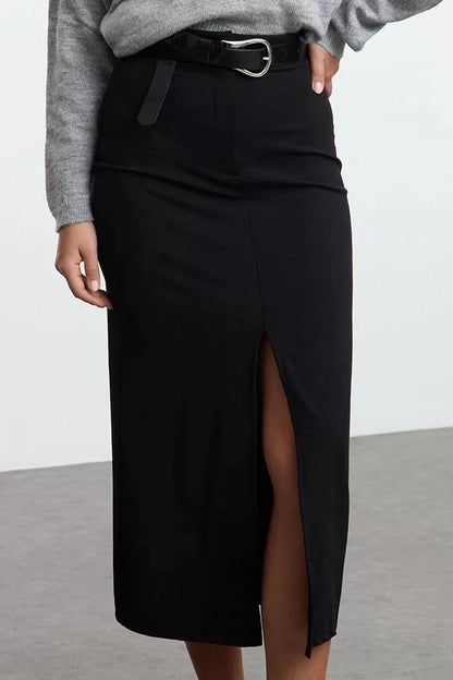 Modern Style Unlined Knitted Midi Length Button Detailed Front Slit Pencil Fitted Midi Skirt