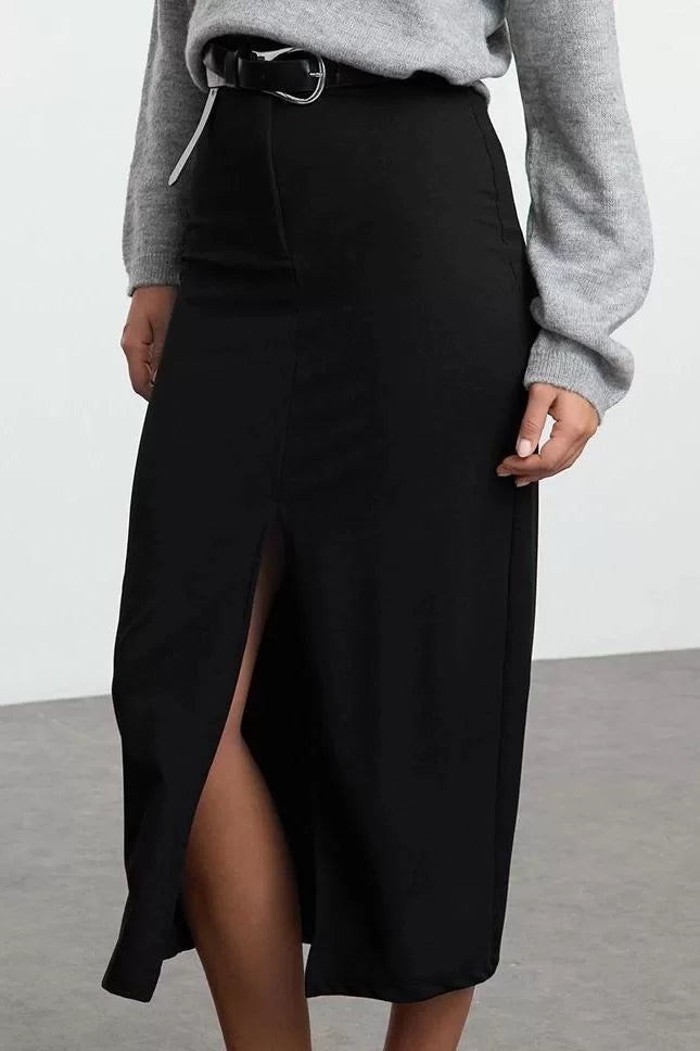 Modern Style Unlined Knitted Midi Length Button Detailed Front Slit Pencil Fitted Midi Skirt