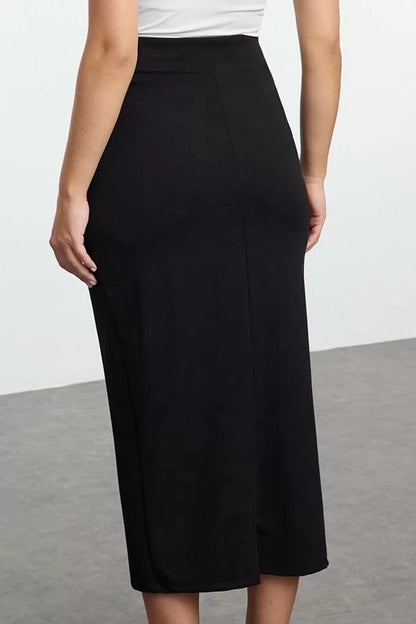 Modern Style Unlined Knitted Midi Length Button Detailed Front Slit Pencil Fitted Midi Skirt