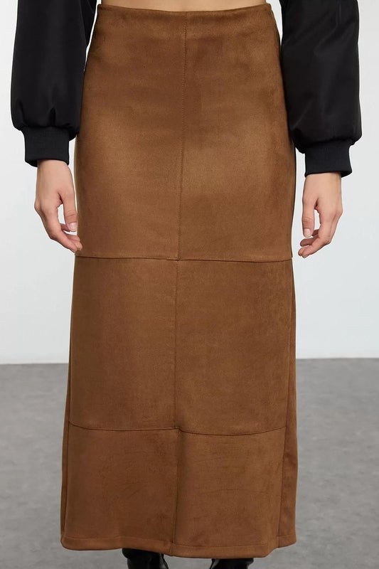 Modern Style Unlined Woven Maxi Length Suede Fabric Maxi Length Skirt with Back Slit Detail