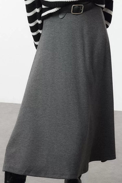 Modern Style Unlined Knitted Midi Length A Cut Bell Cut Midi Brushed Flexible Knit Skirt