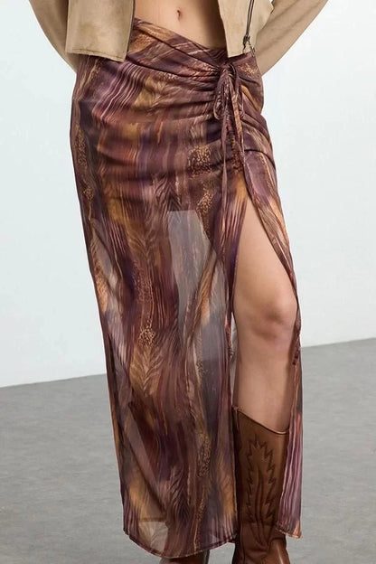 Modern Style Unlined Woven Maxi Skirt with Patterned Slit Detail