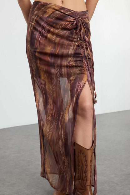 Modern Style Unlined Woven Maxi Skirt with Patterned Slit Detail